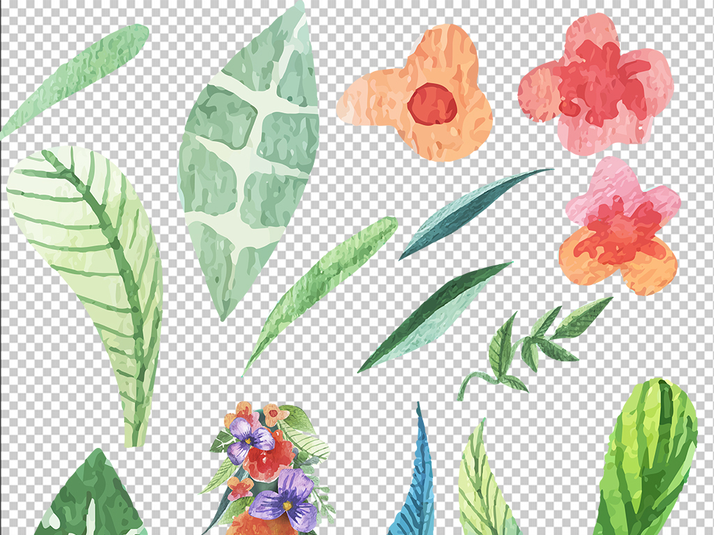 手绘水彩花卉花束叶子花卉叶子免抠素材