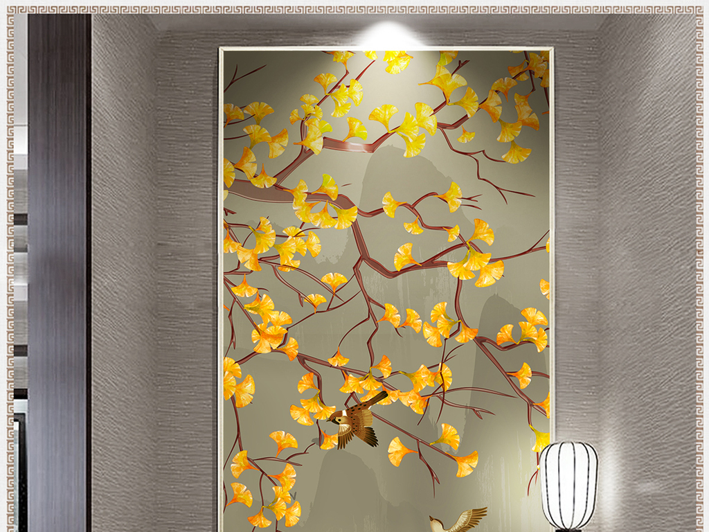 银杏手绘工笔花鸟新中式玄关背景墙装饰画