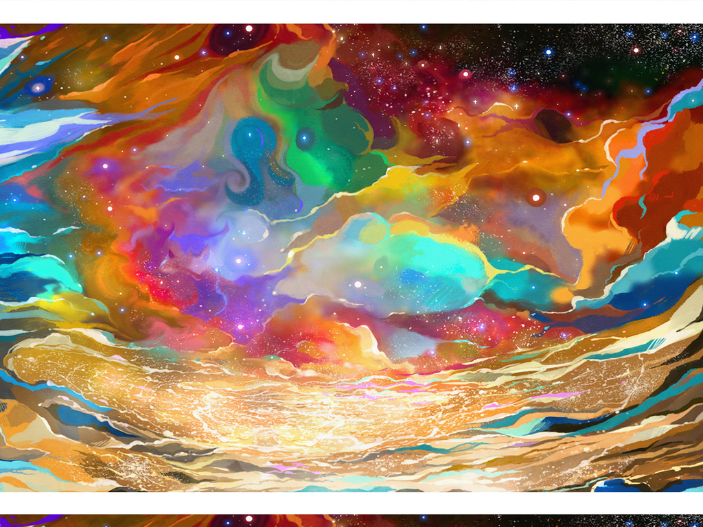 唯美抽象手绘星空宇宙儿童房背景墙壁画