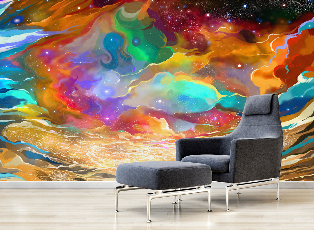 唯美抽象手绘星空宇宙儿童房背景墙壁画