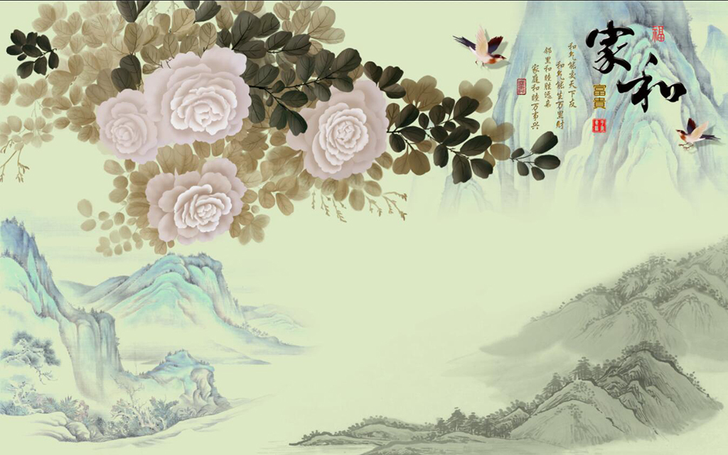 高清新中式山水彩雕牡丹花卉系列电视背景墙