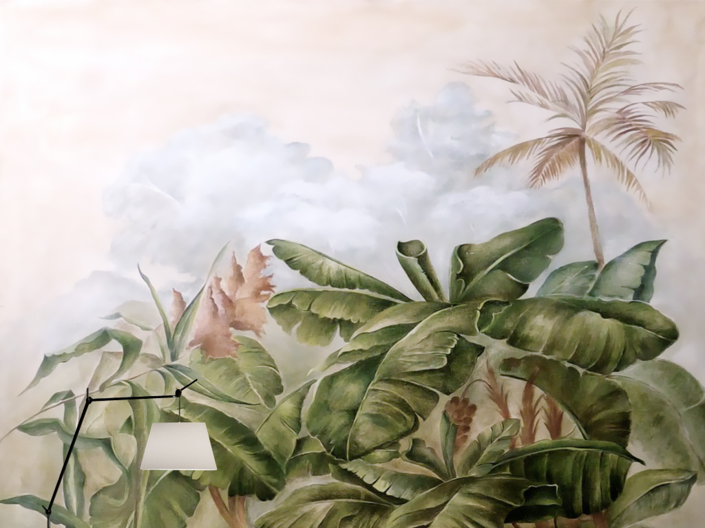 欧式复古怀旧手绘田园雨林芭蕉树壁画背景墙