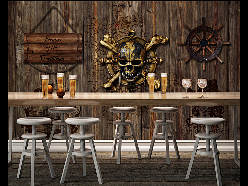 复古怀旧海盗方向舵骷髅头酒吧背景墙