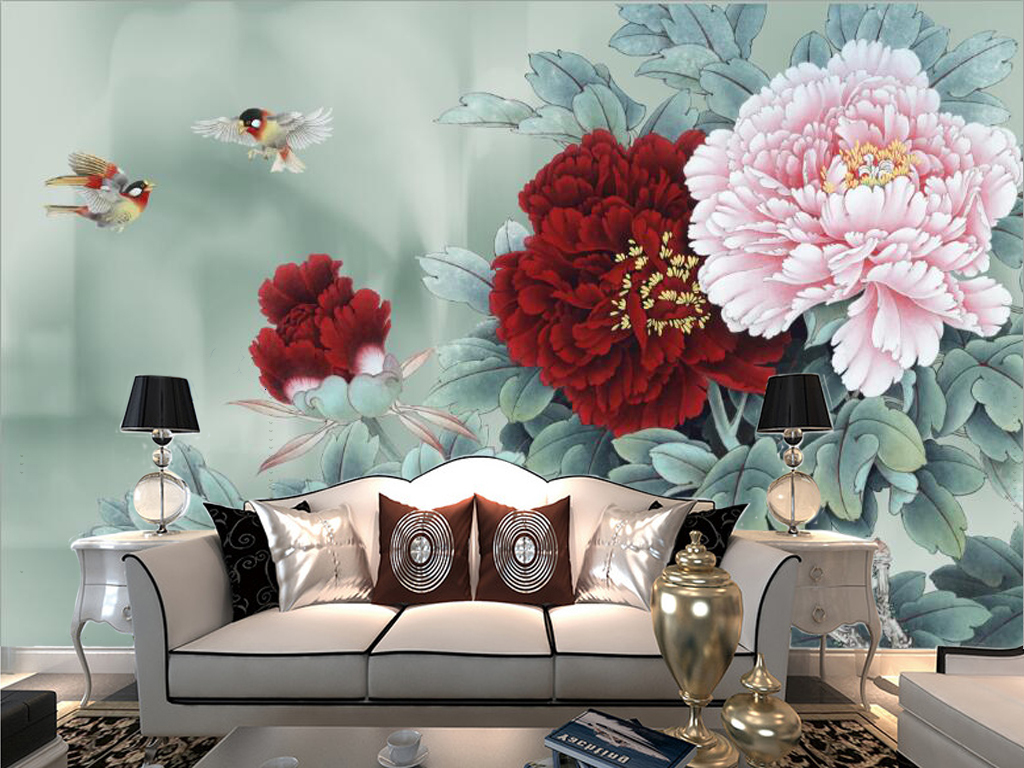 新中式手绘红牡丹花开富贵电视背景墙
