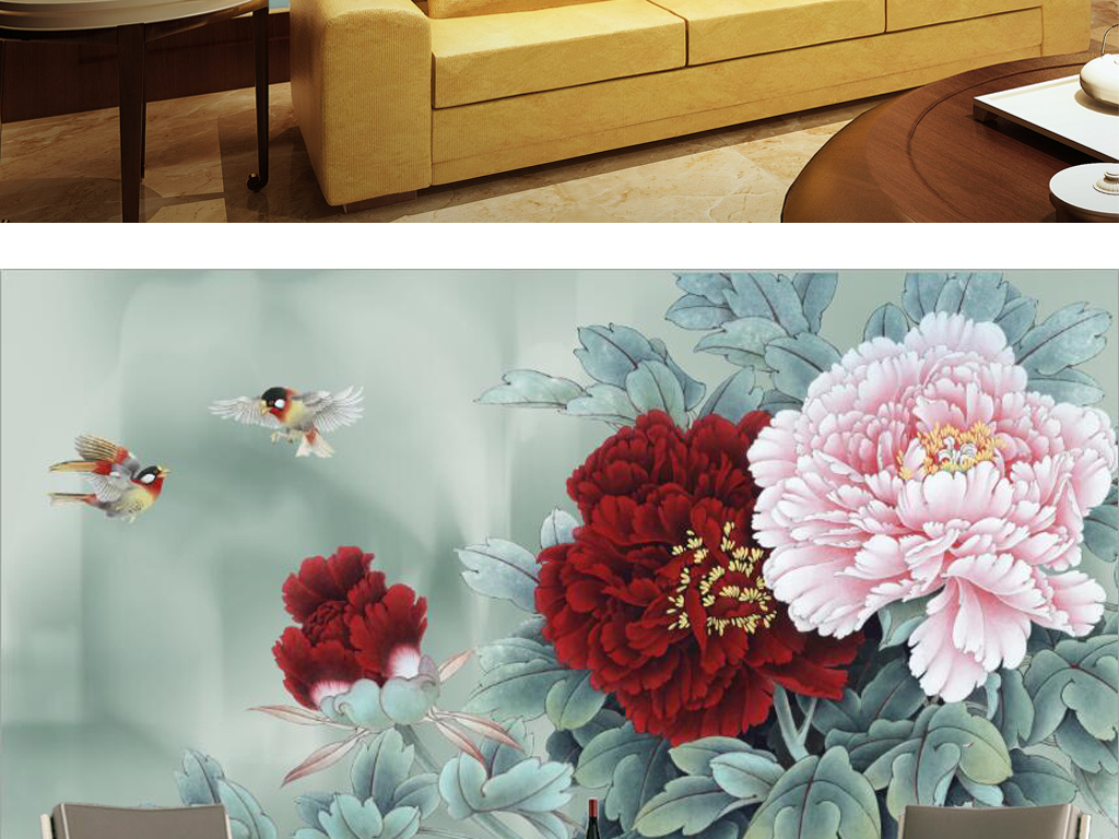 新中式手绘红牡丹花开富贵电视背景墙
