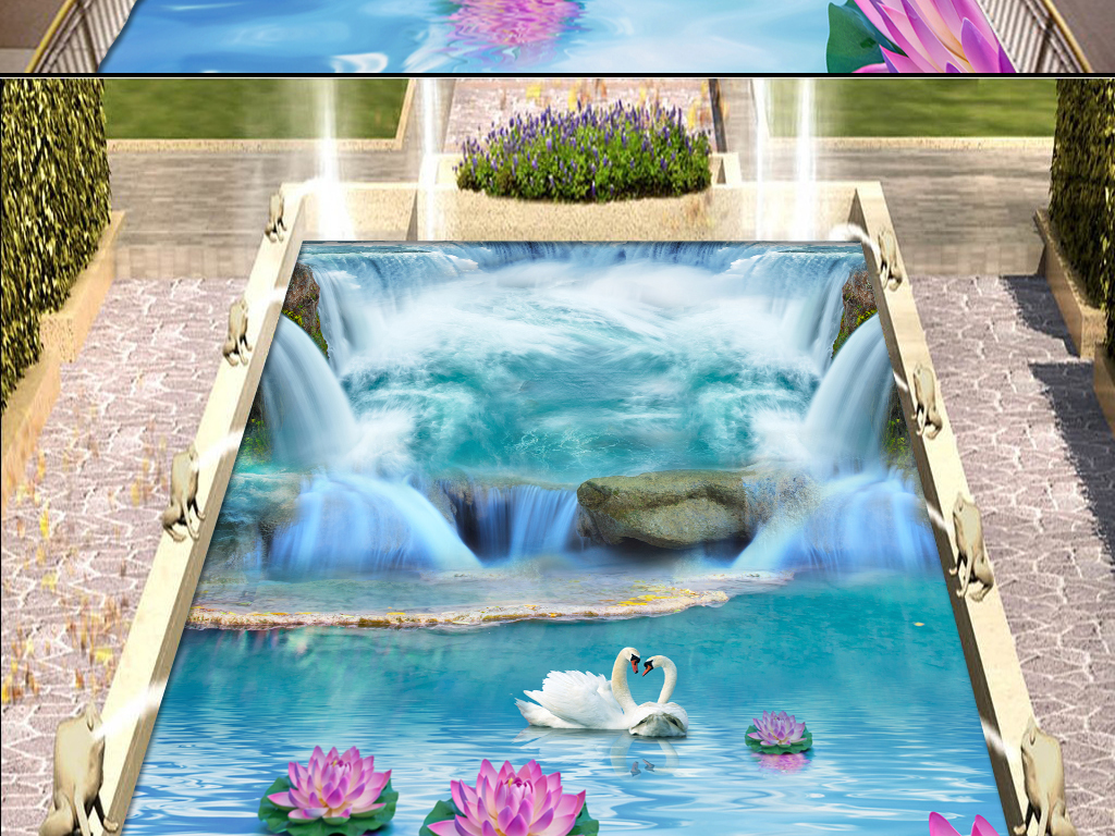 瀑布天鹅莲花3d地板背景图片设计素材