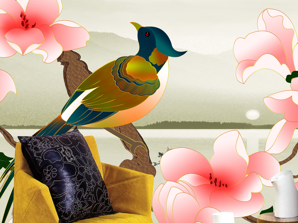 花鸟水墨高清玄关壁画(图片编号:16741553)_中式玄关_我图网