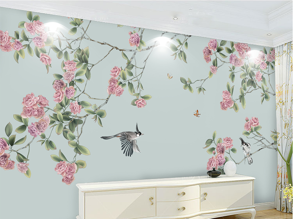 新中式工笔花鸟手绘花鸟国画电视墙壁画墙纸