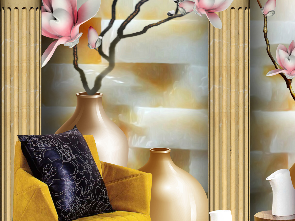 罗马柱唯美花瓶立体玄关壁画