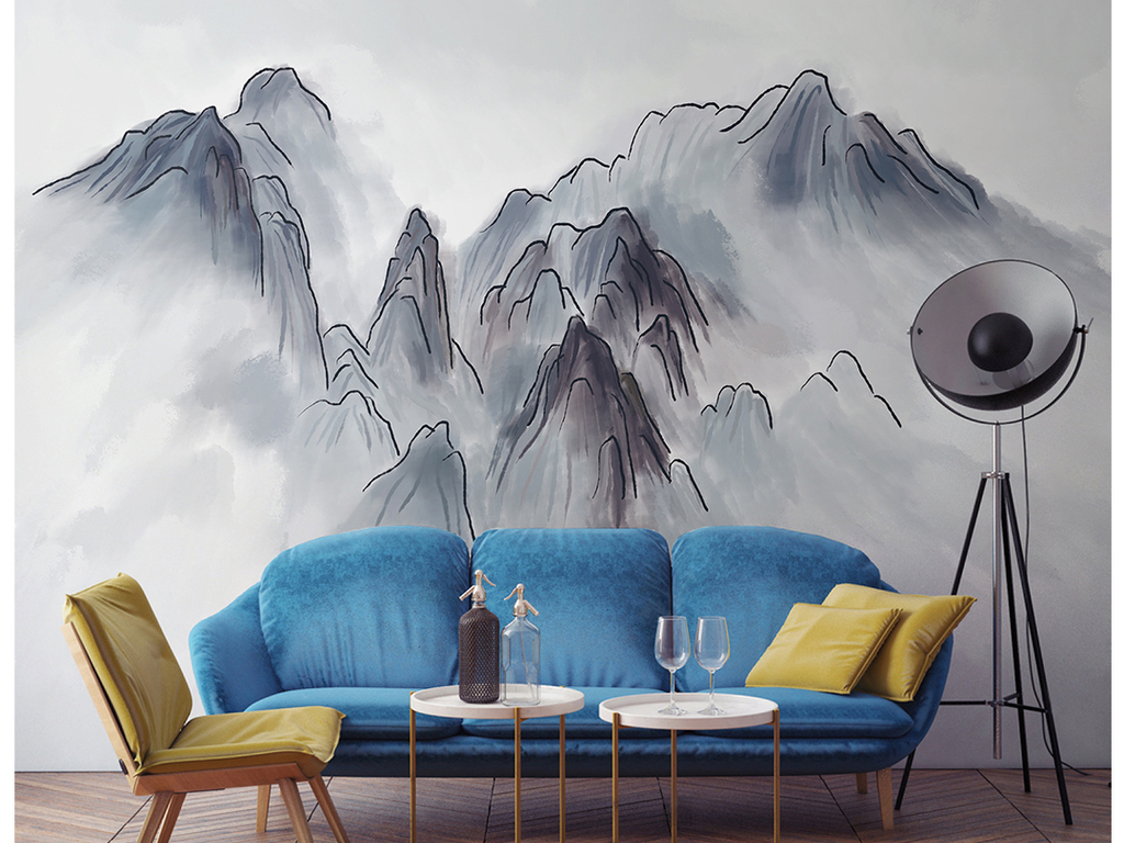 手绘简约山水中式水墨画电视背景墙装饰画