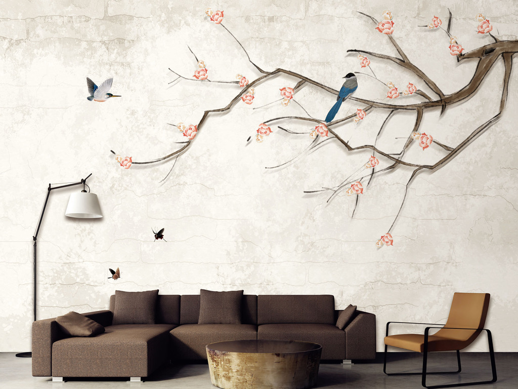 新中式手绘工笔花鸟砖纹背景图(图片编号:16757974)_中式电视背景墙