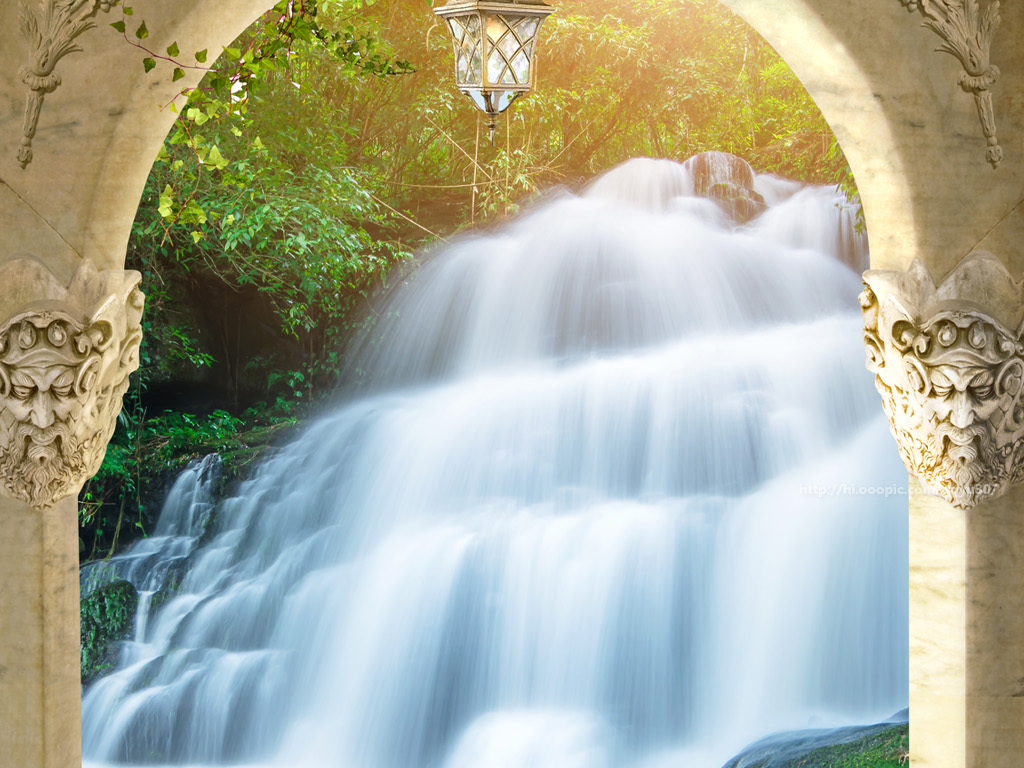 拱门花园瀑布风景3d玄关