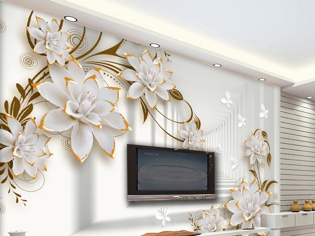 现代简约3d立体空间浮雕花朵电视背景墙