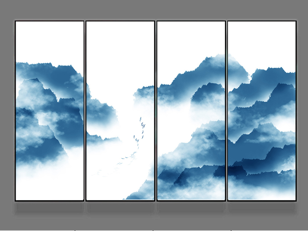 新中式水墨山水四连屏装饰画背景墙