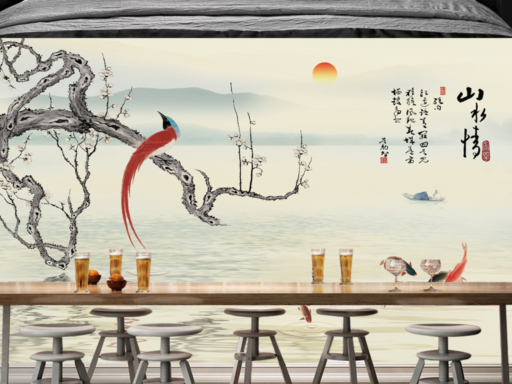 工笔花鸟山水情水墨山水风景画背景墙