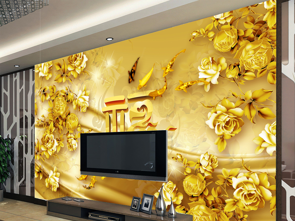 金色牡丹丝绸背景墙