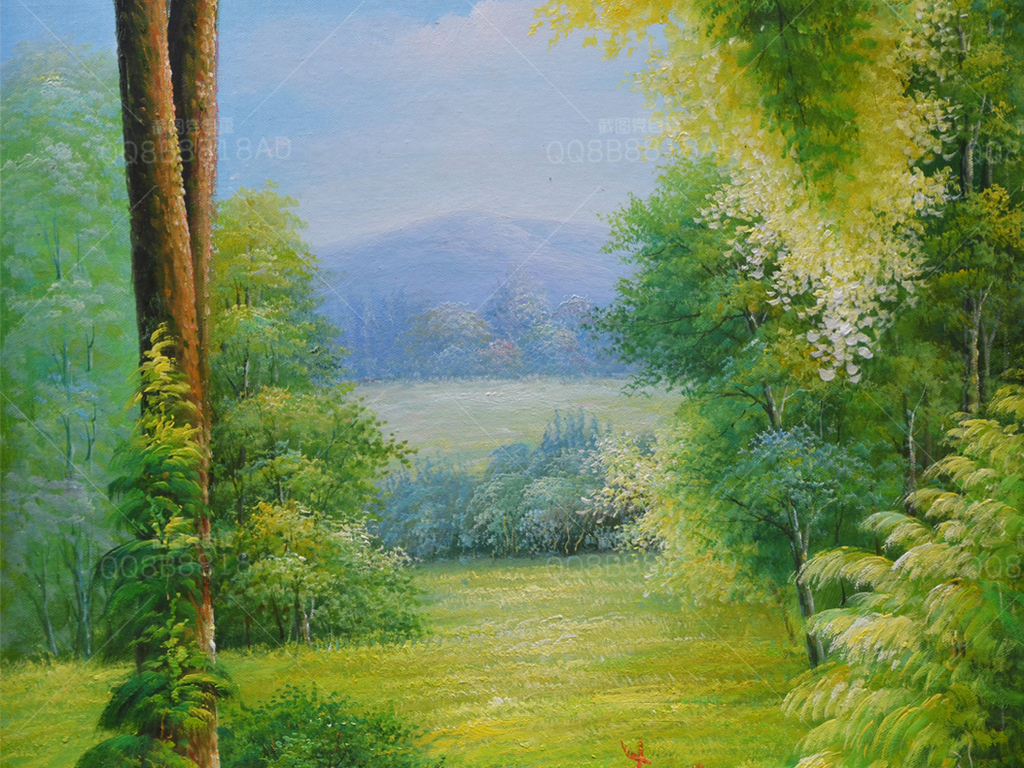 纯手绘油画绿色密林风景艺术玄关