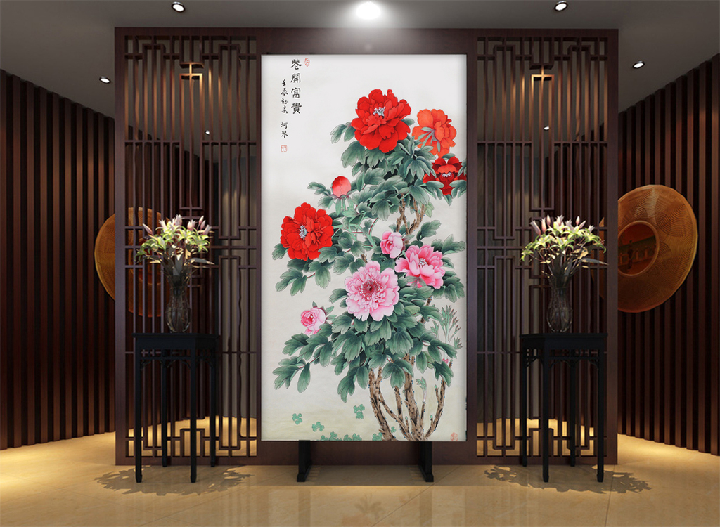 花开富贵牡丹花鸟中式玄关背景墙