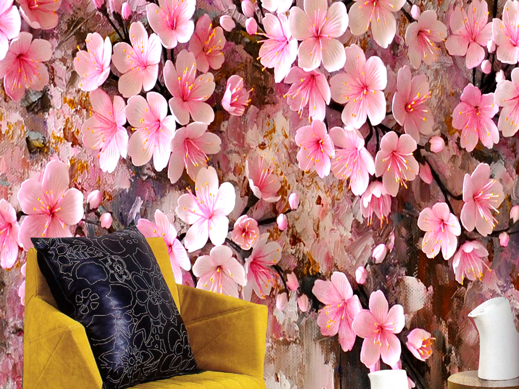 浪漫桃花油画玄关壁画