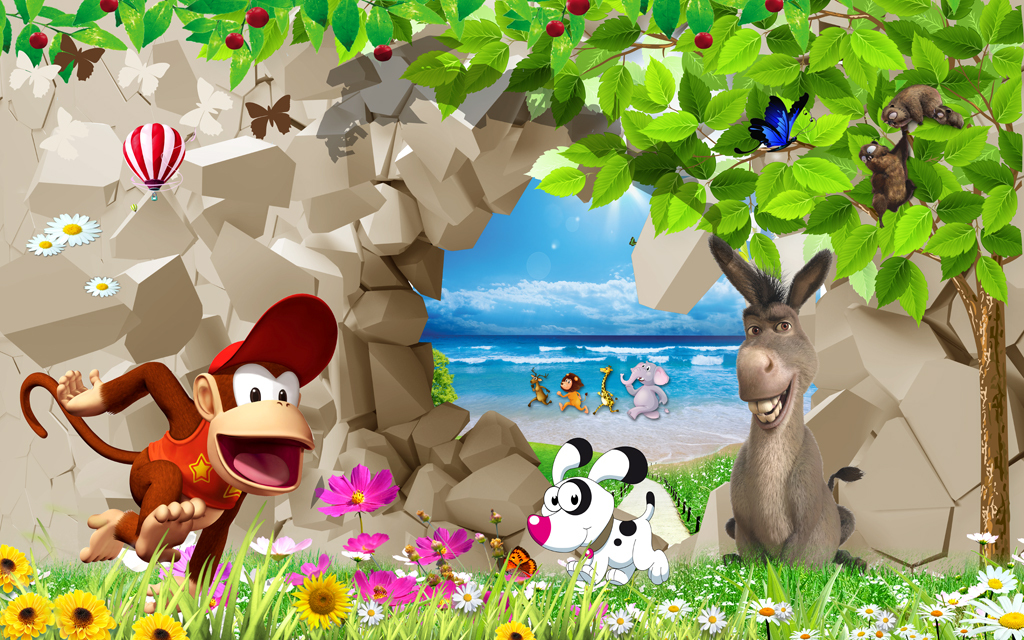 3d卡通儿童房壁画卡通小孩房背景墙