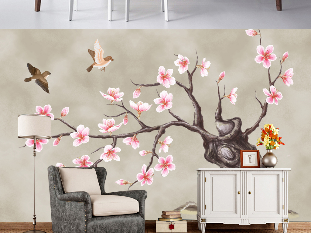 新中式手绘工笔花鸟沙发电视背景墙