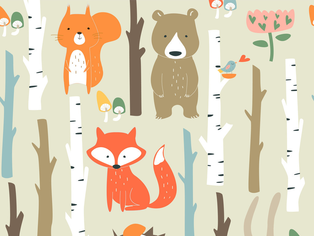 卡通白桦树狐狸狗熊(图片编号:16824447)_动物图案_我图网