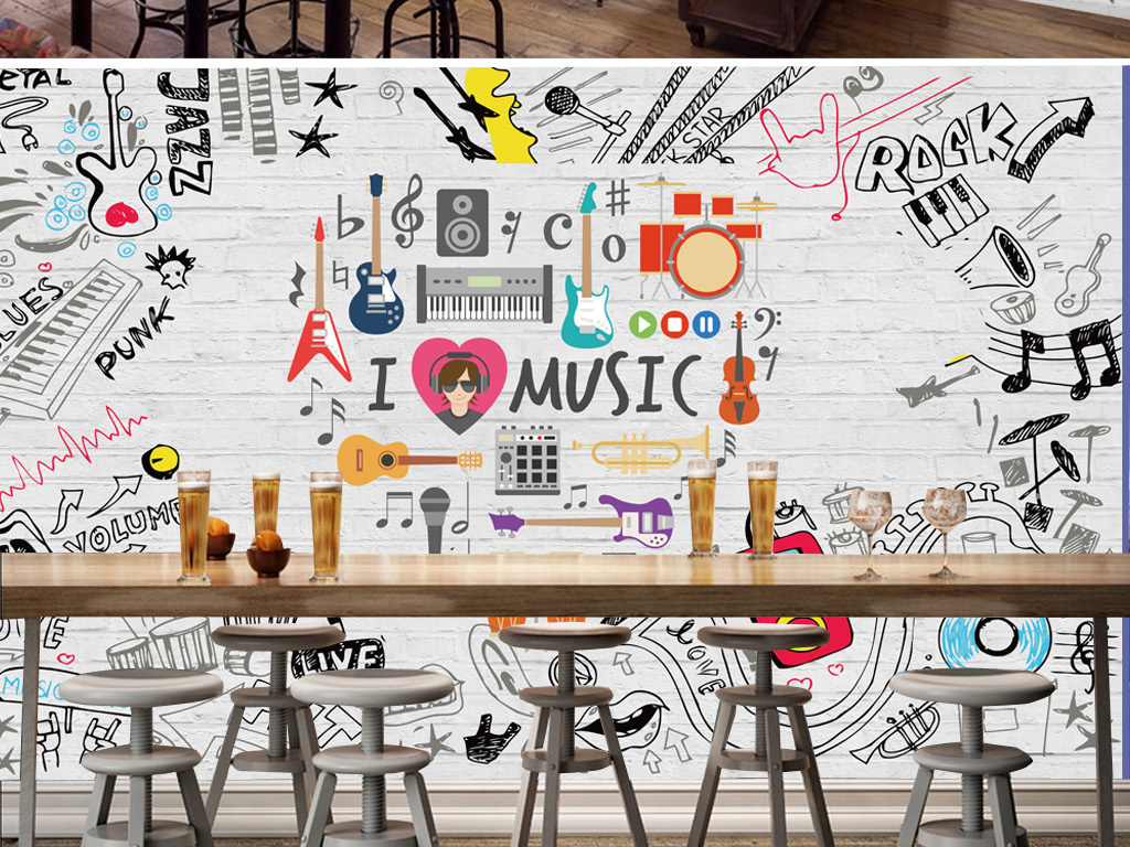 创意白墙涂鸦文字音乐潮流休闲个性空间背景