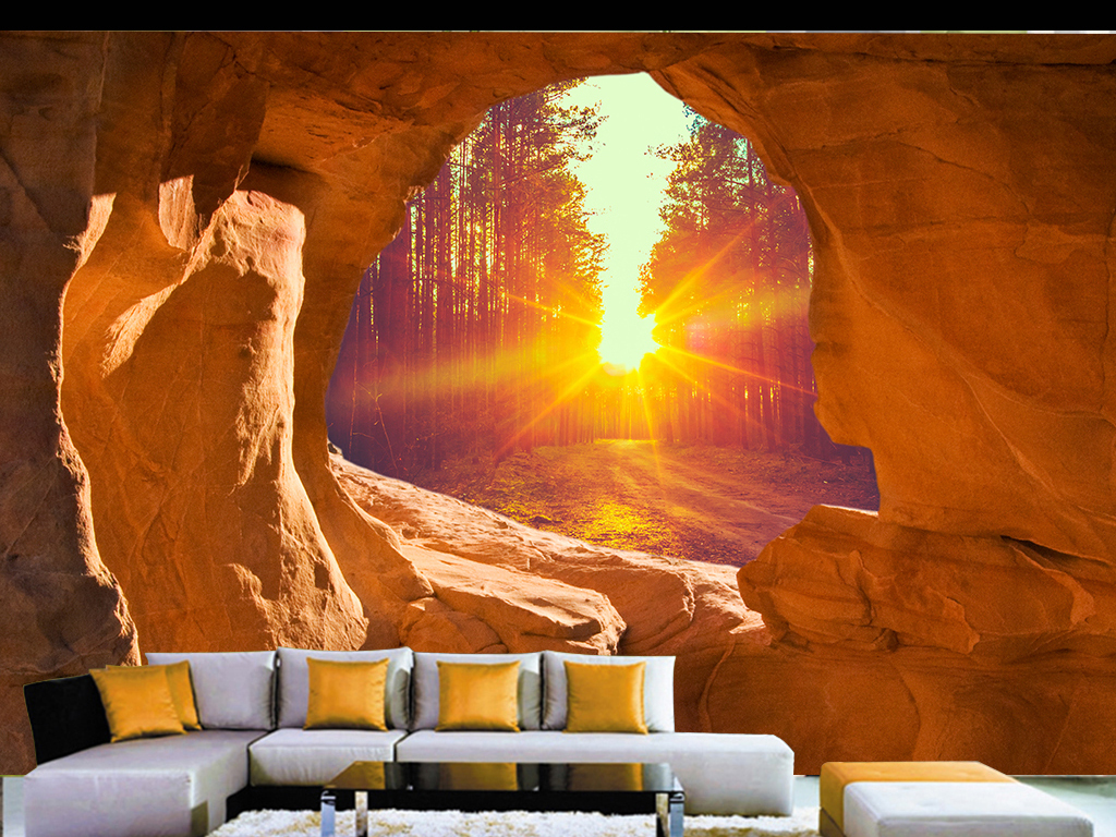 山洞石头墙树林森林3d三d立体大型背景墙