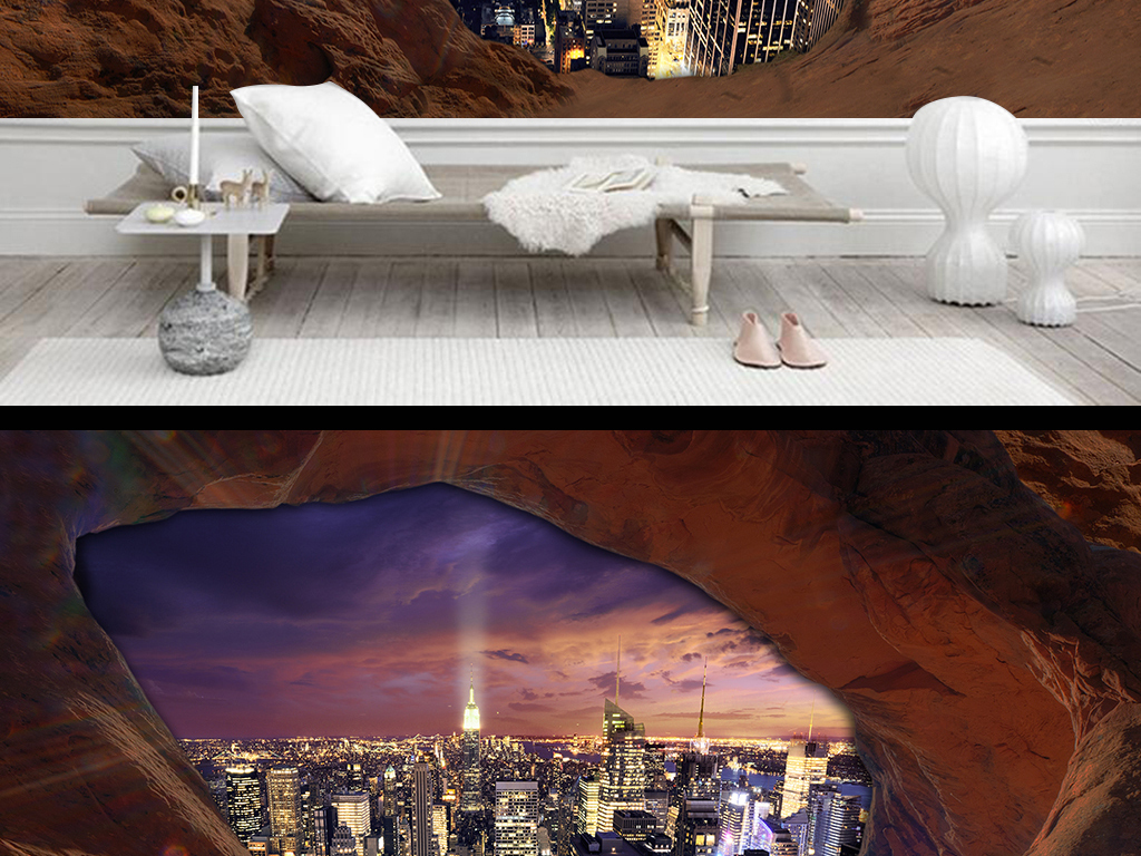 山洞石头墙城市夜景3d三d立体大型背景墙