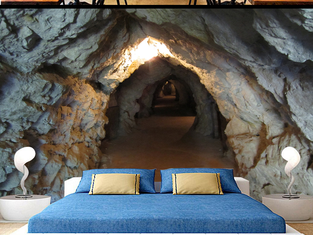 原始山洞隧道石头墙3d三d立体大型背景墙