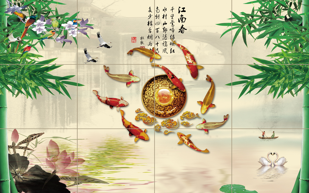 江南春3d中式竹子水墨画山水画背景墙