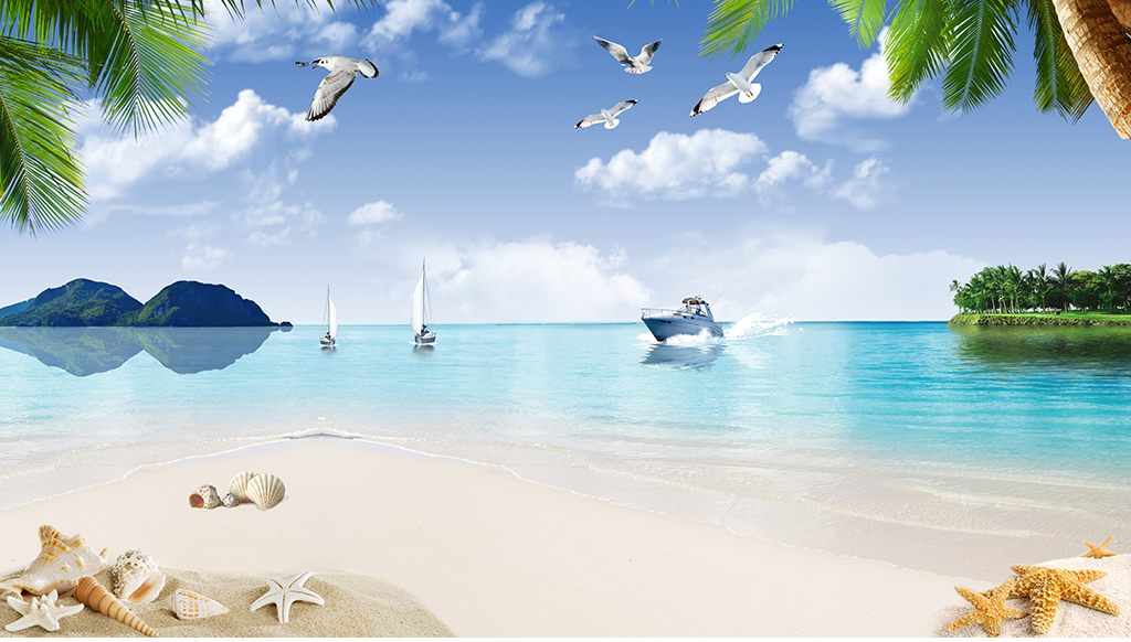 沙滩海滩椰树蓝天白云小岛船海景背景墙