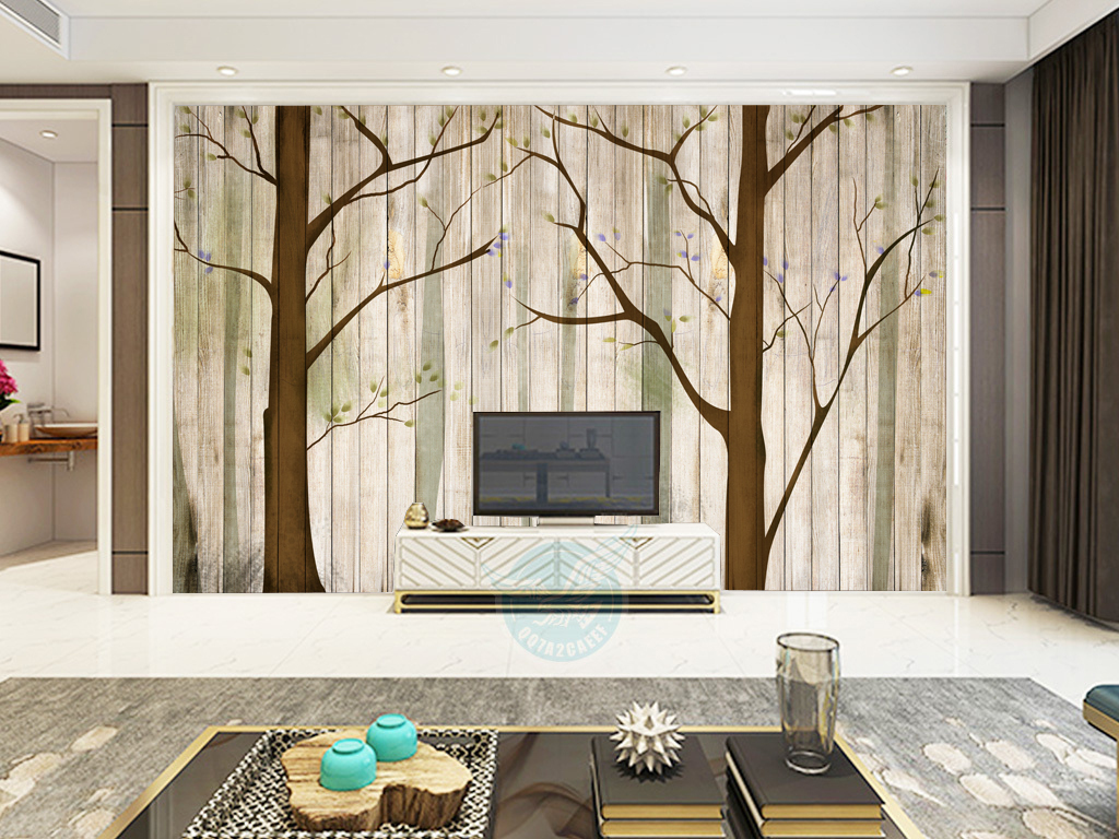 现代简约手绘木纹树林电视背景墙