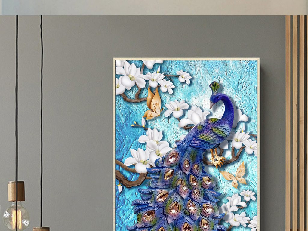 唯美立体浮雕油画孔雀玄关背景装饰画