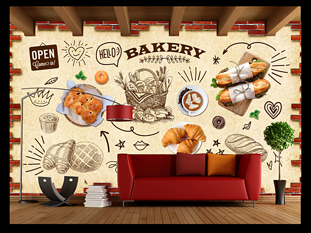 复古怀旧手绘风格面包店背景墙