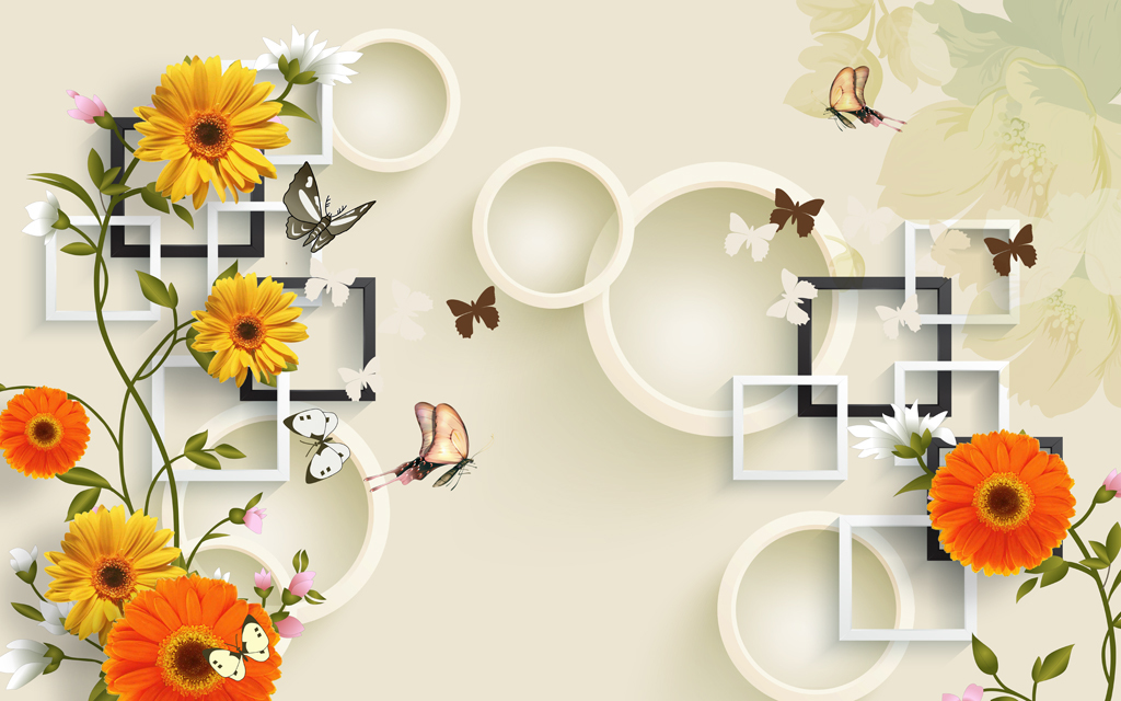 3d圆圈方框小碎花背景墙立体壁画