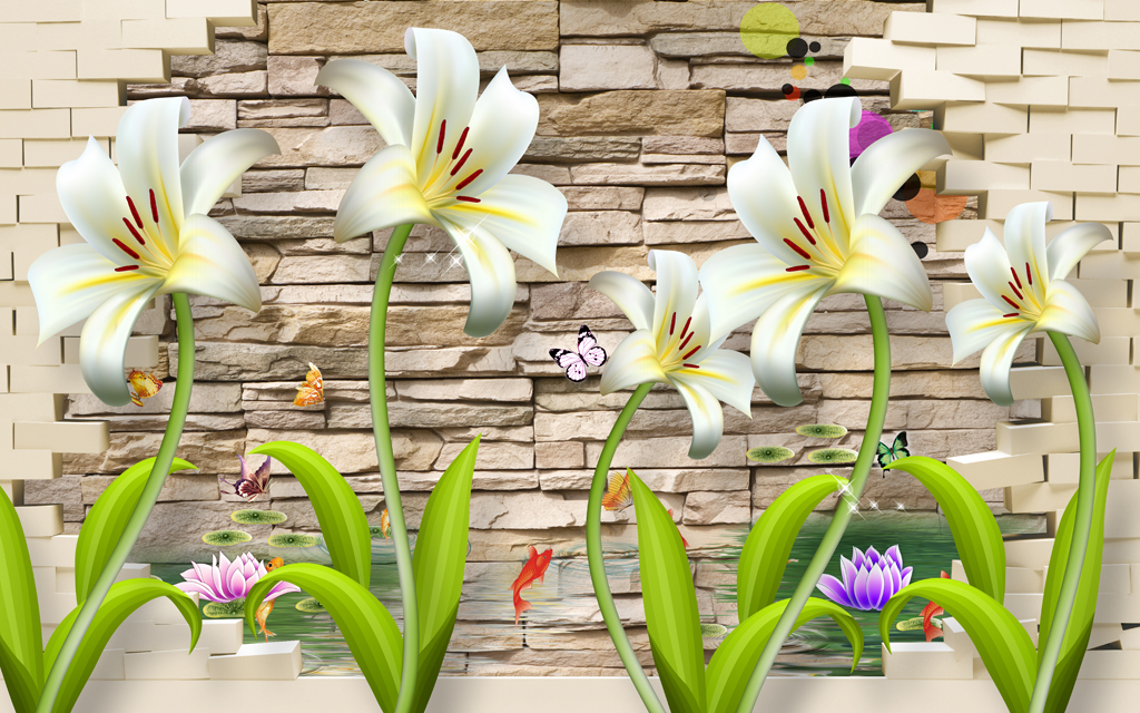 3d复古砖墙百合花立体电视背景墙壁画
