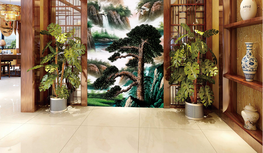 迎客松高山流水山水画玄关背景墙