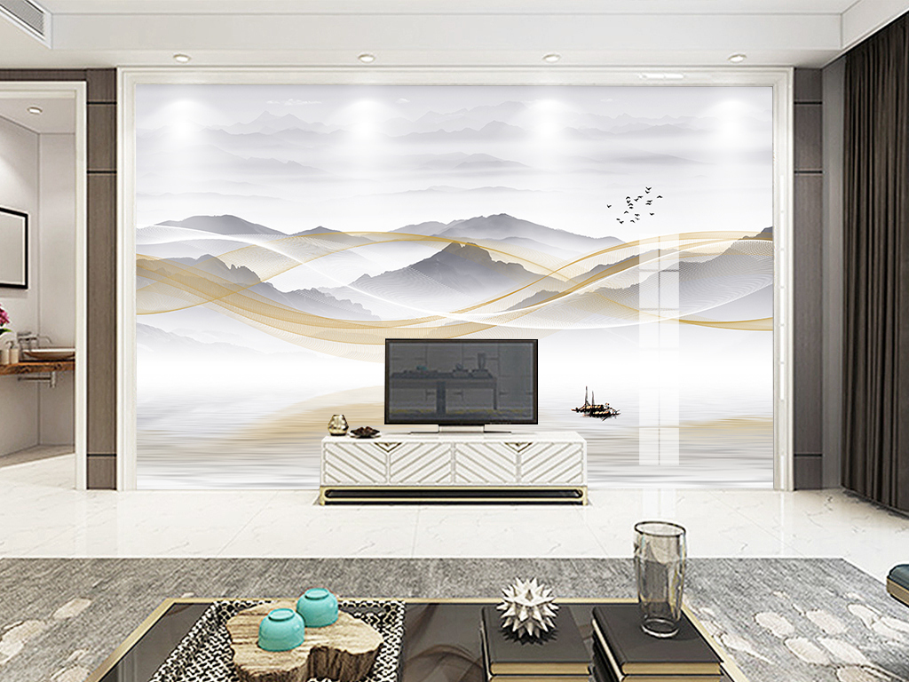 新中式山水情水墨山水画电视沙发背景墙