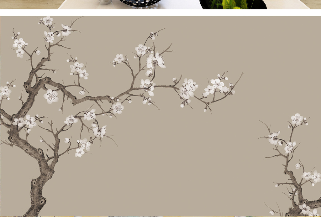 新中式手绘玉兰花电视背景墙