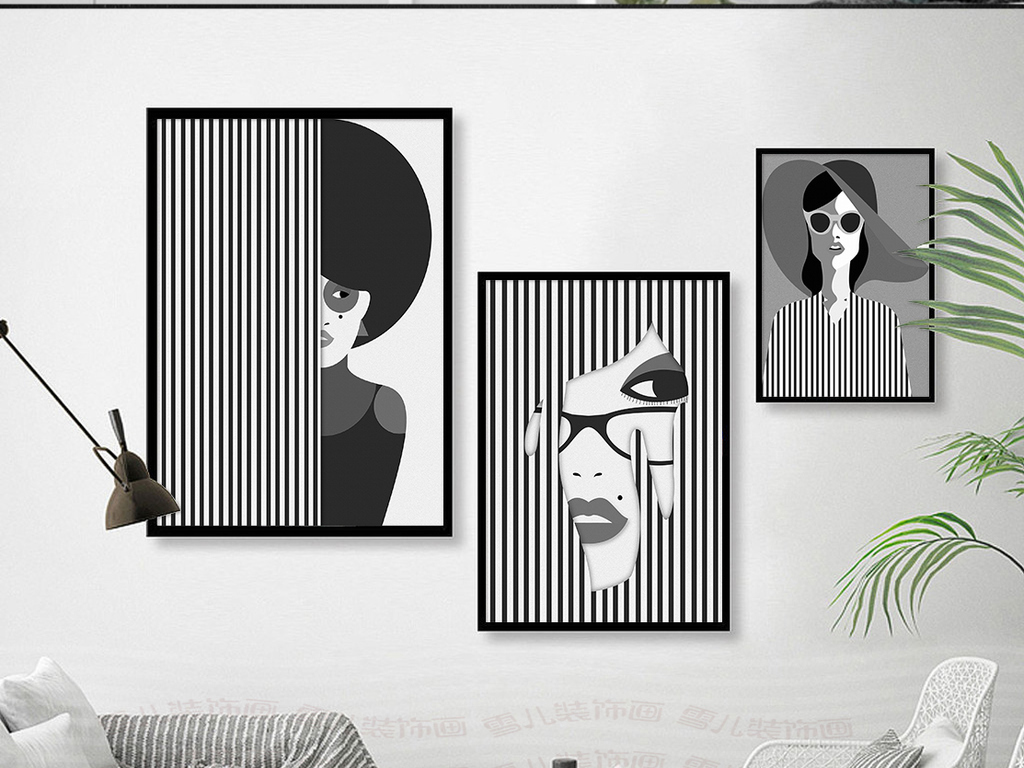 欧式简约时尚人物黑白格子艺术装饰画