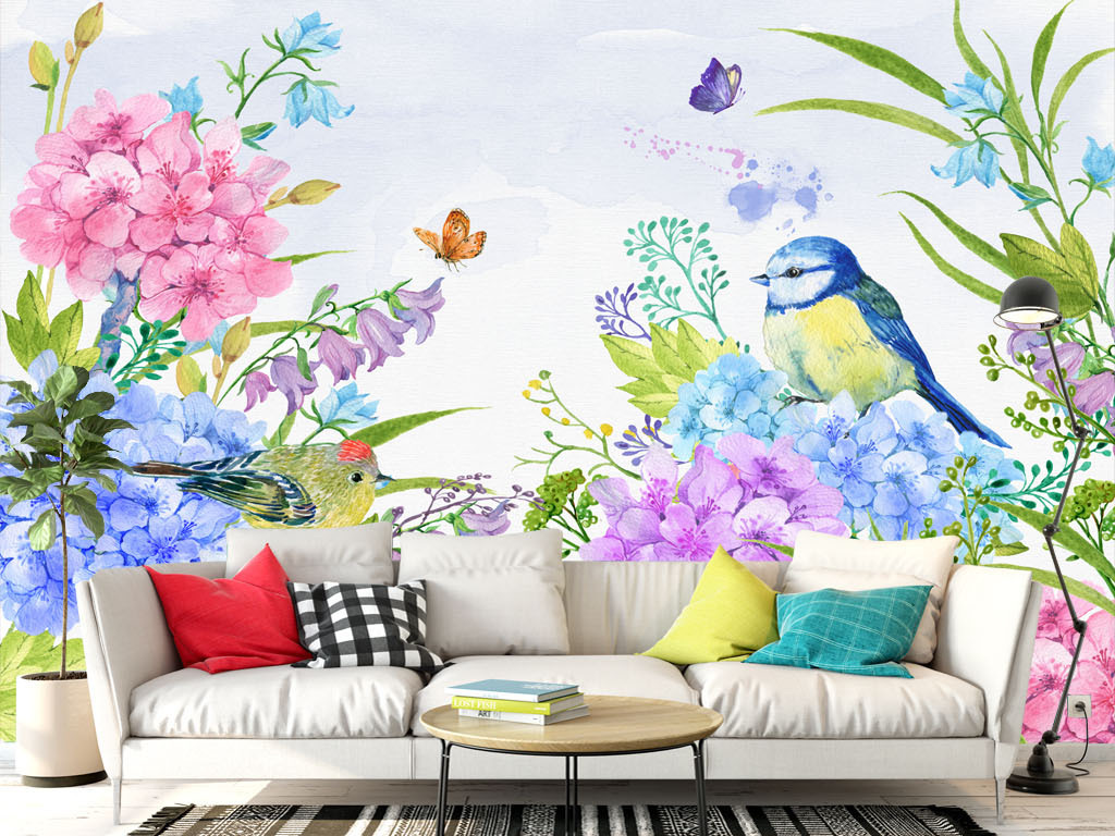 清新淡雅手绘水彩花卉小鸟植物背景墙壁画
