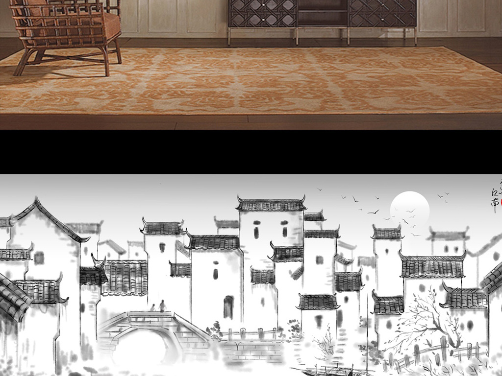 新中式手绘水墨徽派建筑马头墙壁画