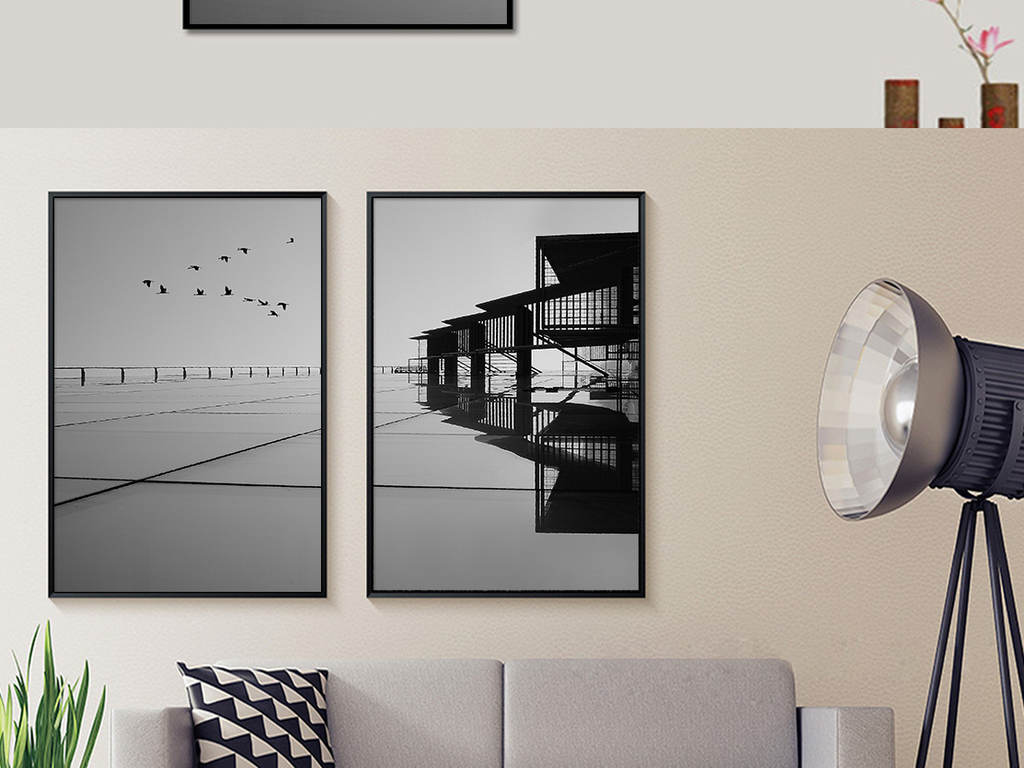 北欧黑白风景建筑房子客厅装饰画