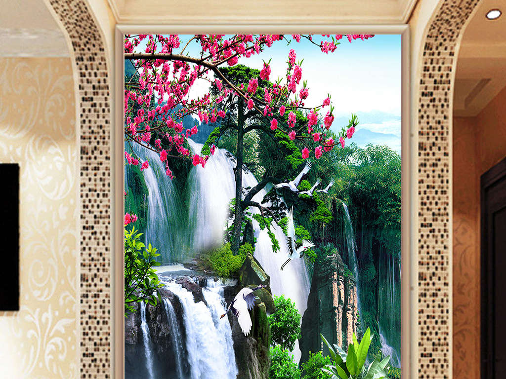 红梅流水生财山水画背景墙