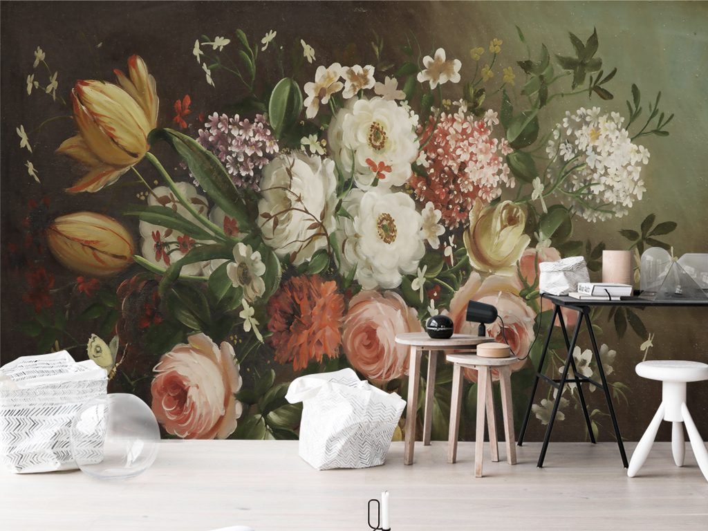 高清手绘欧式复古怀旧花卉花朵壁画背景墙