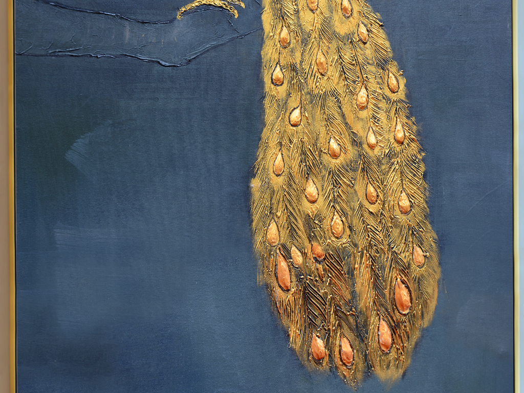 新中式黑底金孔雀纯手绘油画艺术玄关