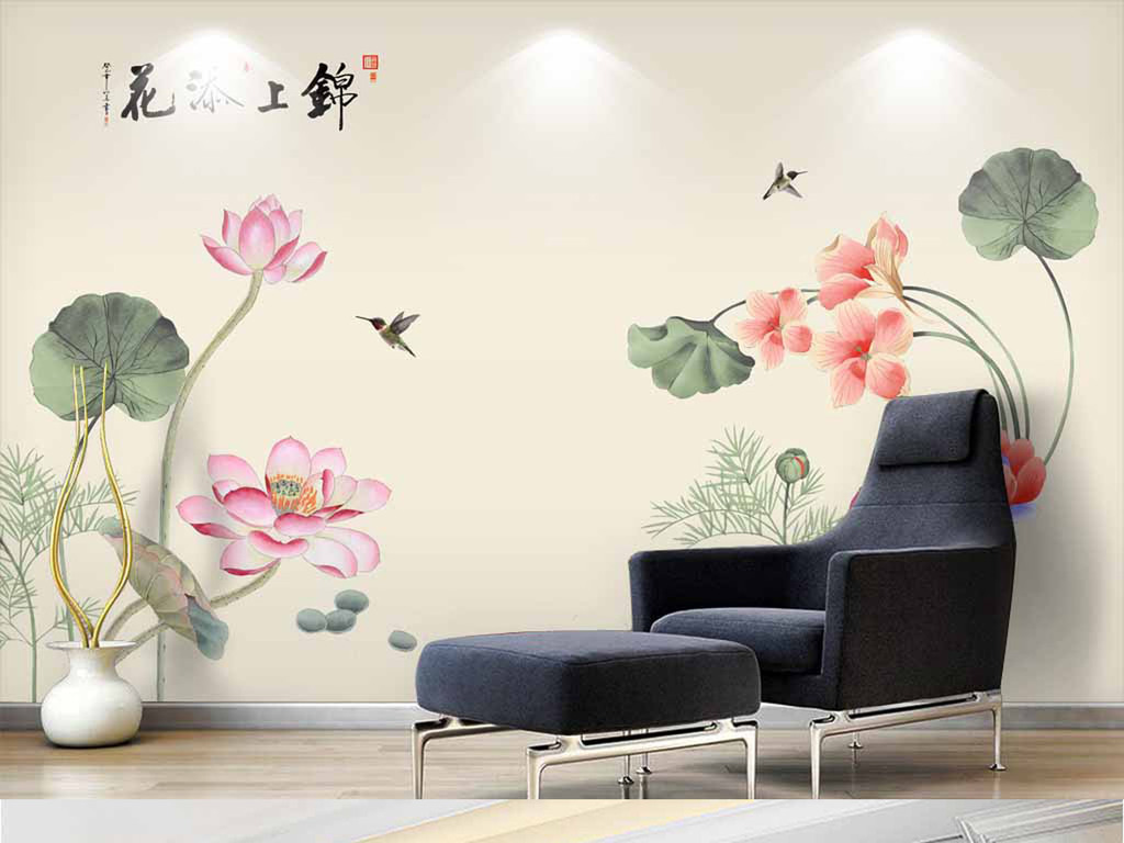 新中式荷花花鸟手绘花鸟背景墙壁画