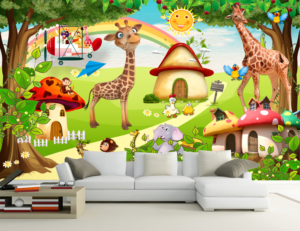 卡通长颈鹿唯美儿童房小孩房背景墙壁画