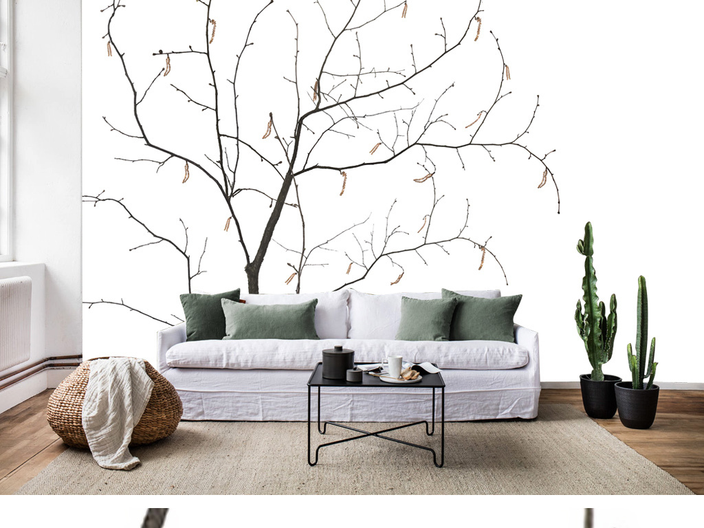 欧式简约手绘树枝风景背景墙壁画